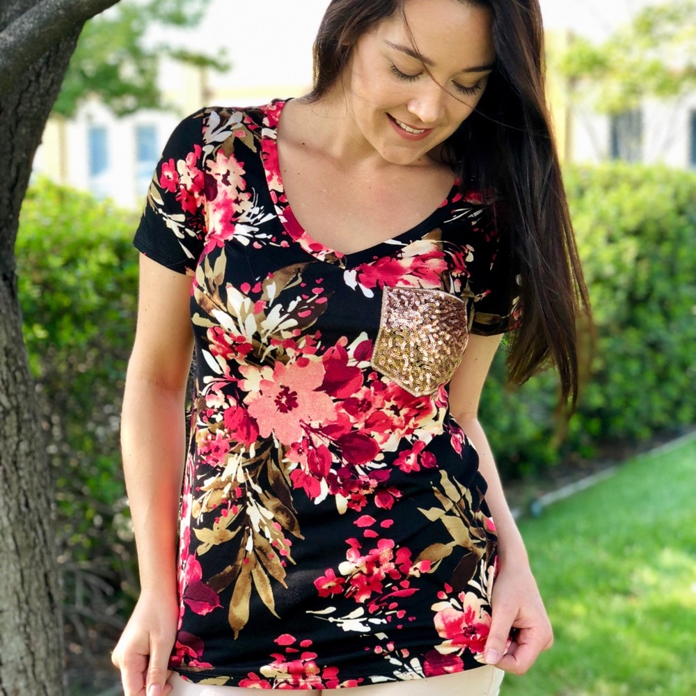 Floral Sequin Pocket Tee